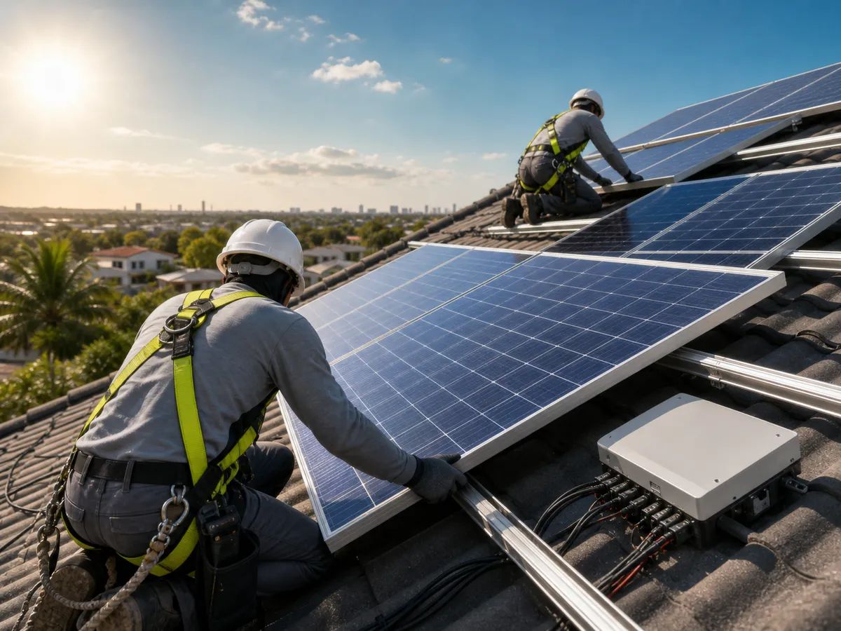 Técnicos com equipamentos de segurança instalando painéis solares em um telhado