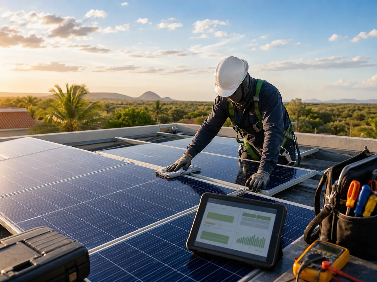 Técnico realizando manutenção e monitoramento de painéis solares com tablet e ferramentas