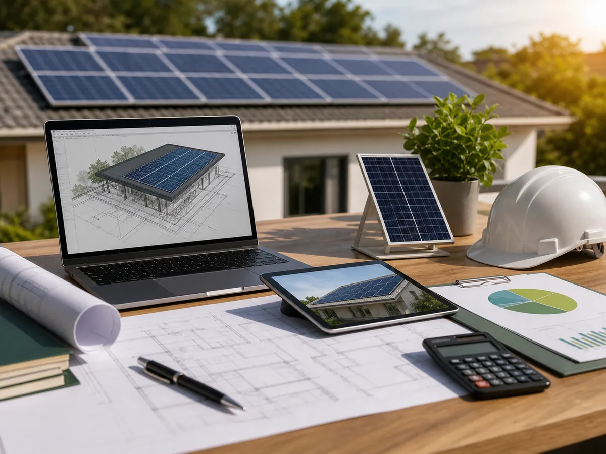 Mesa técnica com projeto fotovoltaico, painel solar em miniatura e telhado com painéis ao fundo